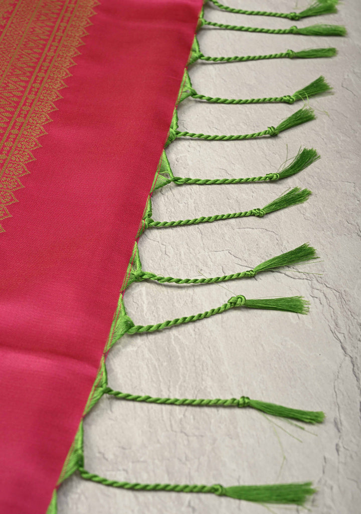 Pink Green Dual Tone Kanchi Semi Silk Saree with Floral Alfi Buttas and Contrst Zari Border