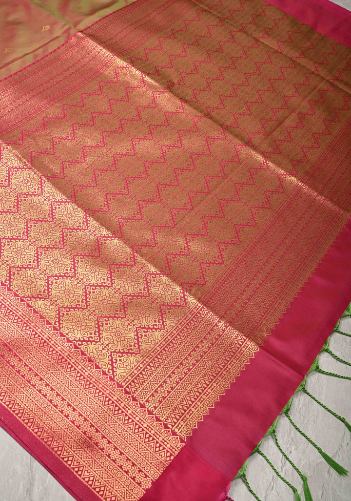 Pink Green Dual Tone Kanchi Semi Silk Saree with Floral Alfi Buttas and Contrst Zari Border