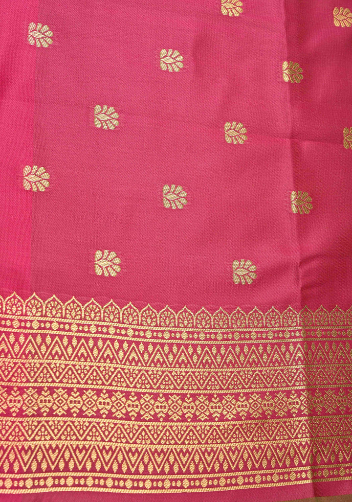 Pink Green Dual Tone Kanchi Semi Silk Saree with Floral Alfi Buttas and Contrst Zari Border