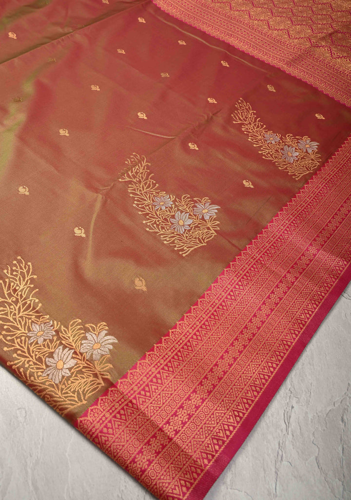 Pink Green Dual Tone Kanchi Semi Silk Saree with Floral Alfi Buttas and Contrst Zari Border