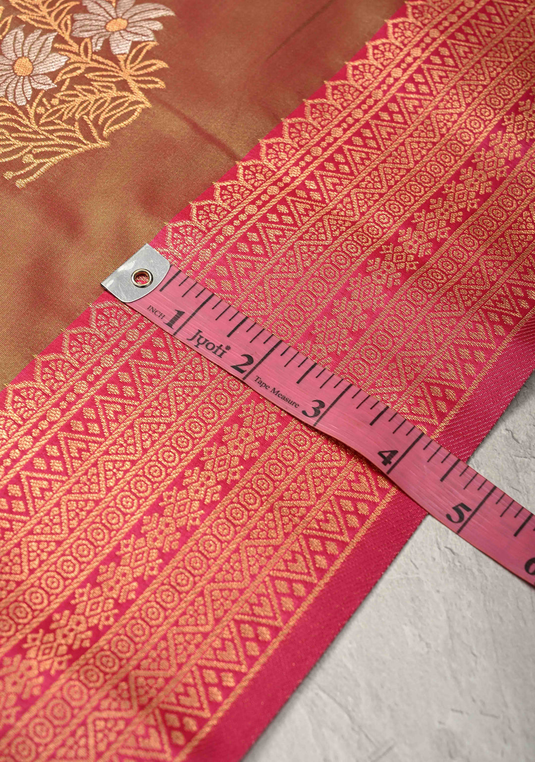 Pink Green Dual Tone Kanchi Semi Silk Saree with Floral Alfi Buttas and Contrst Zari Border