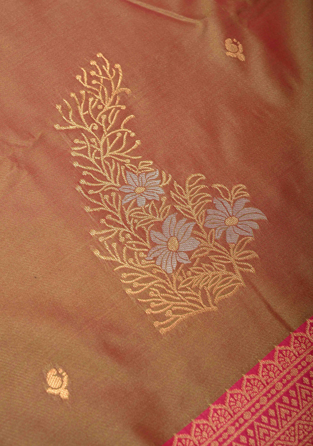 Pink Green Dual Tone Kanchi Semi Silk Saree with Floral Alfi Buttas and Contrst Zari Border