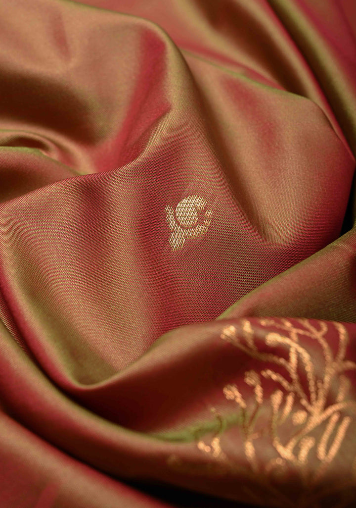 Pink Green Dual Tone Kanchi Semi Silk Saree with Floral Alfi Buttas and Contrst Zari Border