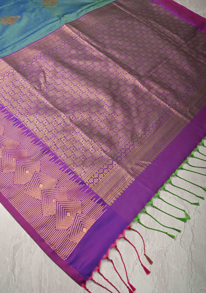 Peacock Blue Dual Tone Kanchi Semi Silk Saree with Zari  Buttas and zari Contrst Border