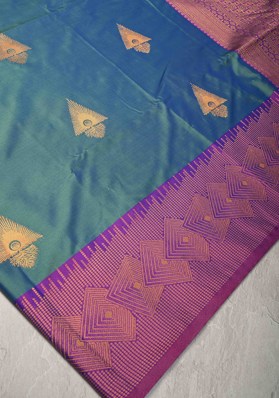 Peacock Blue Dual Tone Kanchi Semi Silk Saree with Zari  Buttas and zari Contrst Border