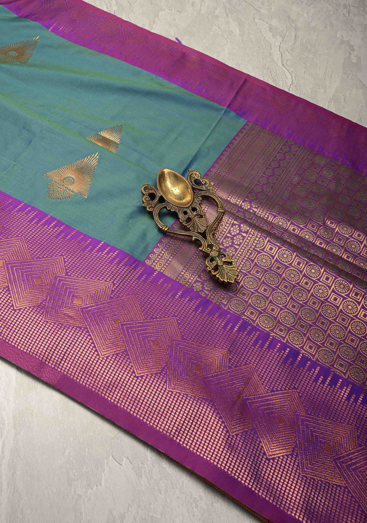 Peacock Blue Dual Tone Kanchi Semi Silk Saree with Zari  Buttas and zari Contrst Border