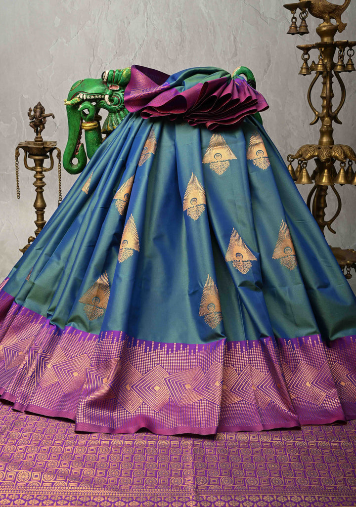 Peacock Blue Dual Tone Kanchi Semi Silk Saree with Zari  Buttas and zari Contrst Border
