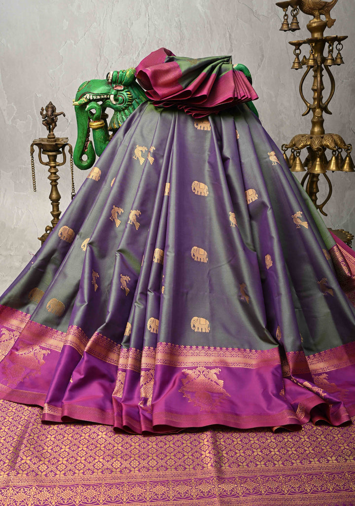 Green Dual Tone Kanchi Semi Silk Saree with Elephant-Peacock Buttas and Contrst Zari Border