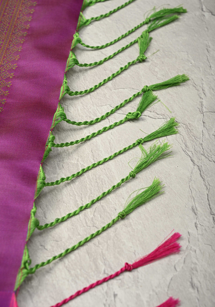 Green Dual Tone Kanchi Semi Silk Saree with Elephant-Peacock Buttas and Contrst Zari Border