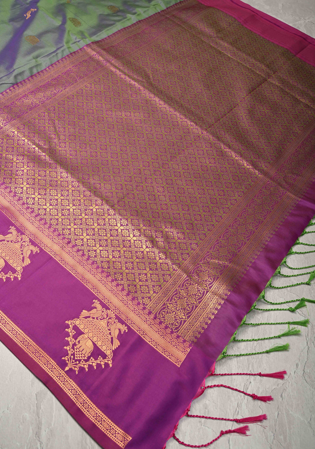 Green Dual Tone Kanchi Semi Silk Saree with Elephant-Peacock Buttas and Contrst Zari Border