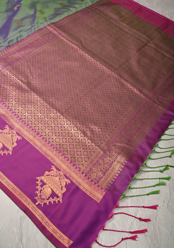 Green Dual Tone Kanchi Semi Silk Saree with Elephant-Peacock Buttas and Contrst Zari Border