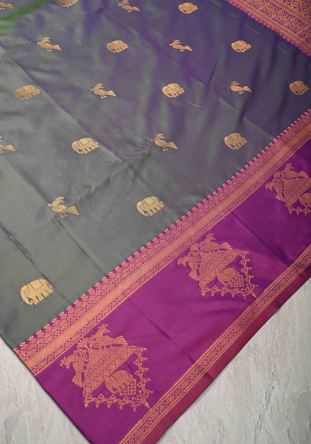 Green Dual Tone Kanchi Semi Silk Saree with Elephant-Peacock Buttas and Contrst Zari Border