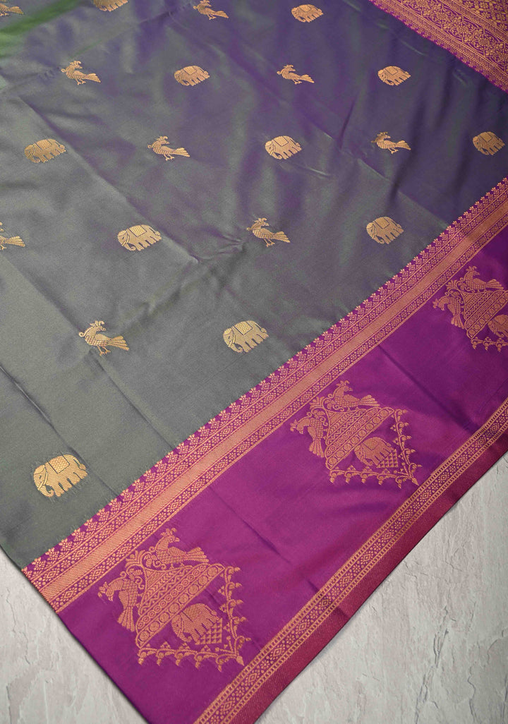 Green Dual Tone Kanchi Semi Silk Saree with Elephant-Peacock Buttas and Contrst Zari Border