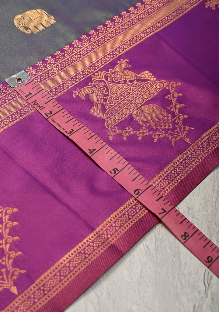 Green Dual Tone Kanchi Semi Silk Saree with Elephant-Peacock Buttas and Contrst Zari Border