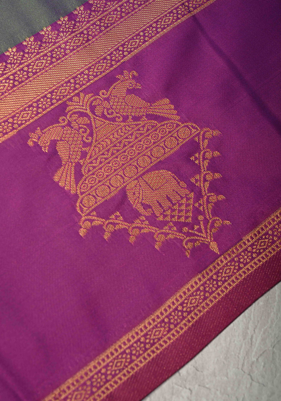 Green Dual Tone Kanchi Semi Silk Saree with Elephant-Peacock Buttas and Contrst Zari Border