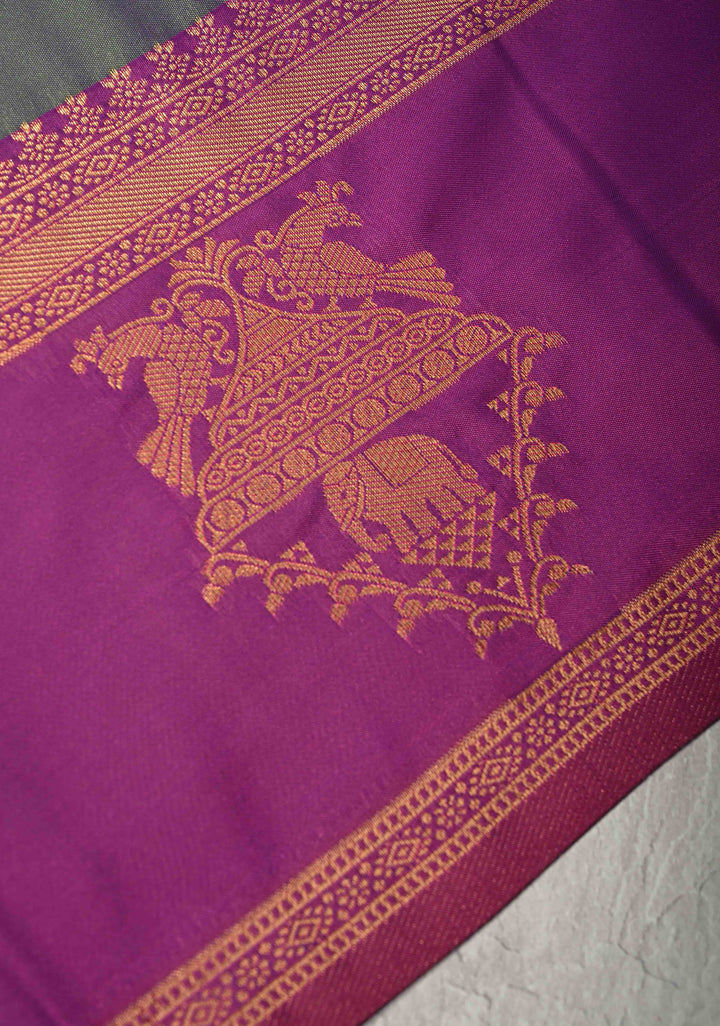 Green Dual Tone Kanchi Semi Silk Saree with Elephant-Peacock Buttas and Contrst Zari Border