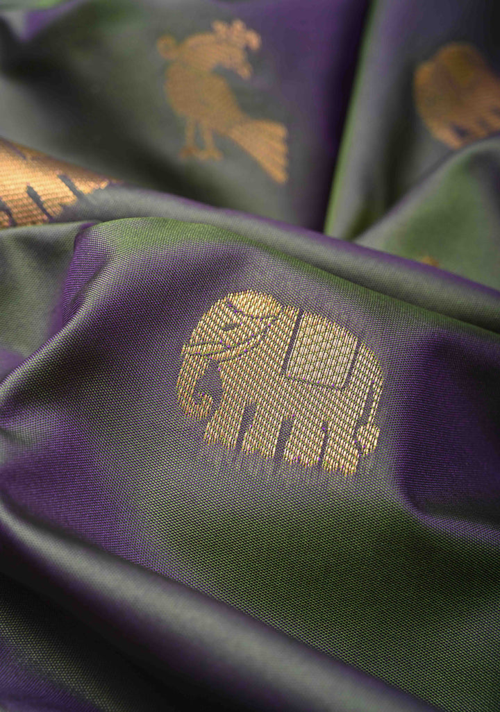 Green Dual Tone Kanchi Semi Silk Saree with Elephant-Peacock Buttas and Contrst Zari Border