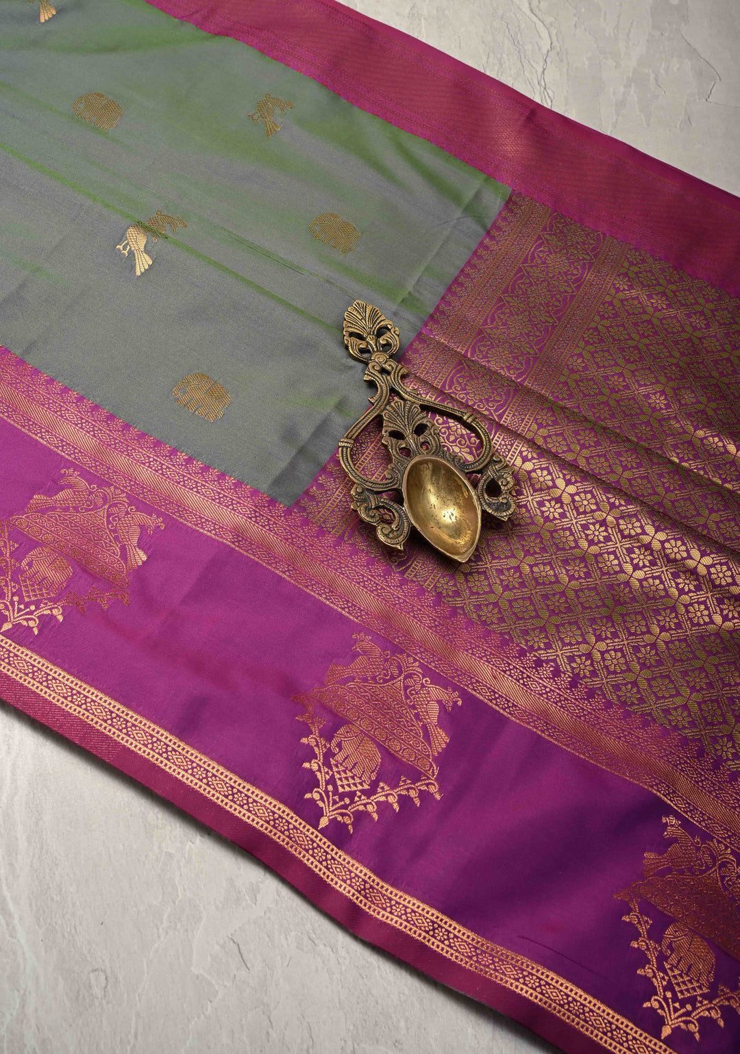 Green Dual Tone Kanchi Semi Silk Saree with Elephant-Peacock Buttas and Contrst Zari Border