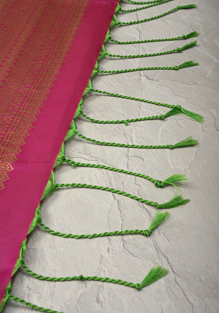 Green Pink Dual Tone Kanchi Semi Silk Saree with Zari Alfi  Buttas and Contrast Zari Border