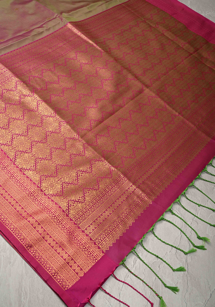 Green Pink Dual Tone Kanchi Semi Silk Saree with Zari Alfi  Buttas and Contrast Zari Border