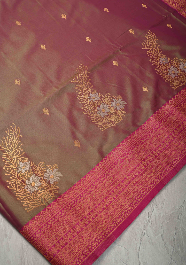 Green Pink Dual Tone Kanchi Semi Silk Saree with Zari Alfi  Buttas and Contrast Zari Border