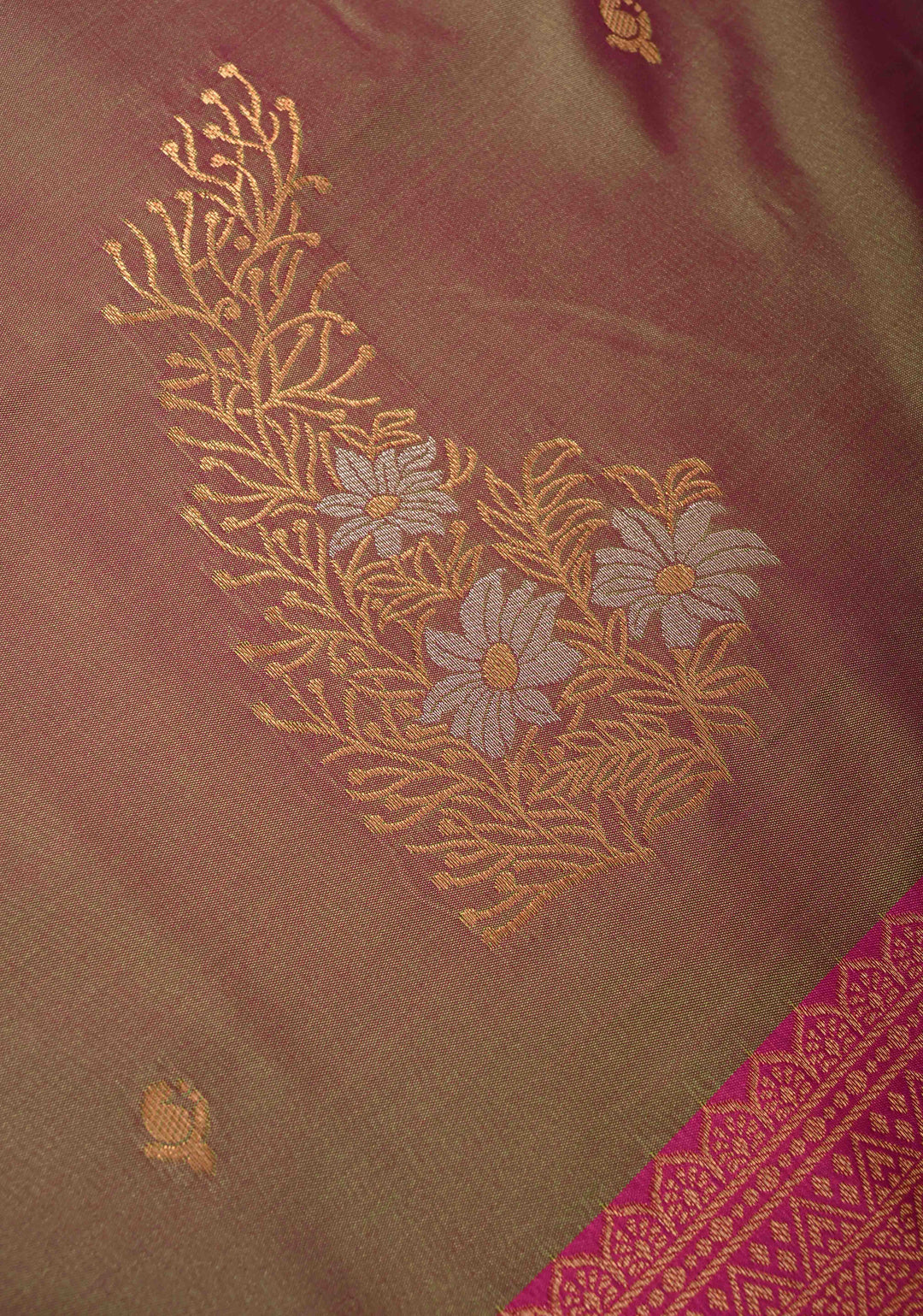 Green Pink Dual Tone Kanchi Semi Silk Saree with Zari Alfi  Buttas and Contrast Zari Border