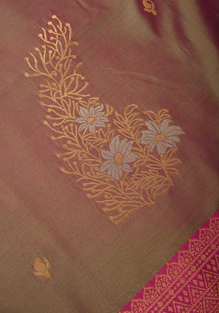 Green Pink Dual Tone Kanchi Semi Silk Saree with Zari Alfi  Buttas and Contrast Zari Border