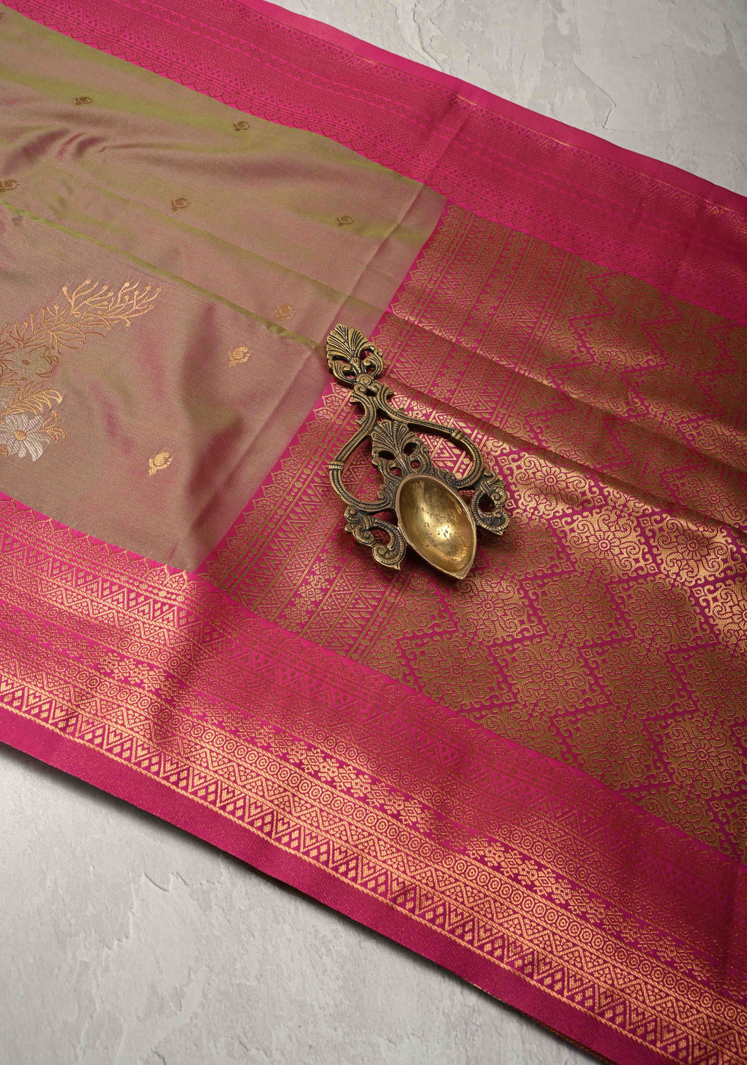 Green Pink Dual Tone Kanchi Semi Silk Saree with Zari Alfi  Buttas and Contrast Zari Border