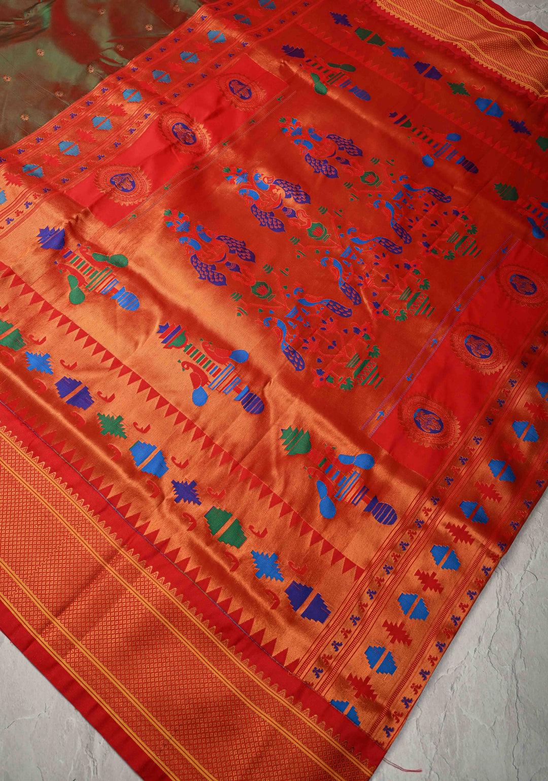 Henna Green-Red Dual Tone Semi Paithani Silk Saree with Meenakari Buttas, Pallu and Zari Border