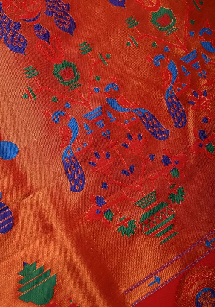 Henna Green-Red Dual Tone Semi Paithani Silk Saree with Meenakari Buttas, Pallu and Zari Border