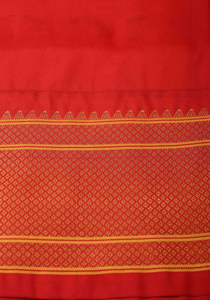 Henna Green-Red Dual Tone Semi Paithani Silk Saree with Meenakari Buttas, Pallu and Zari Border