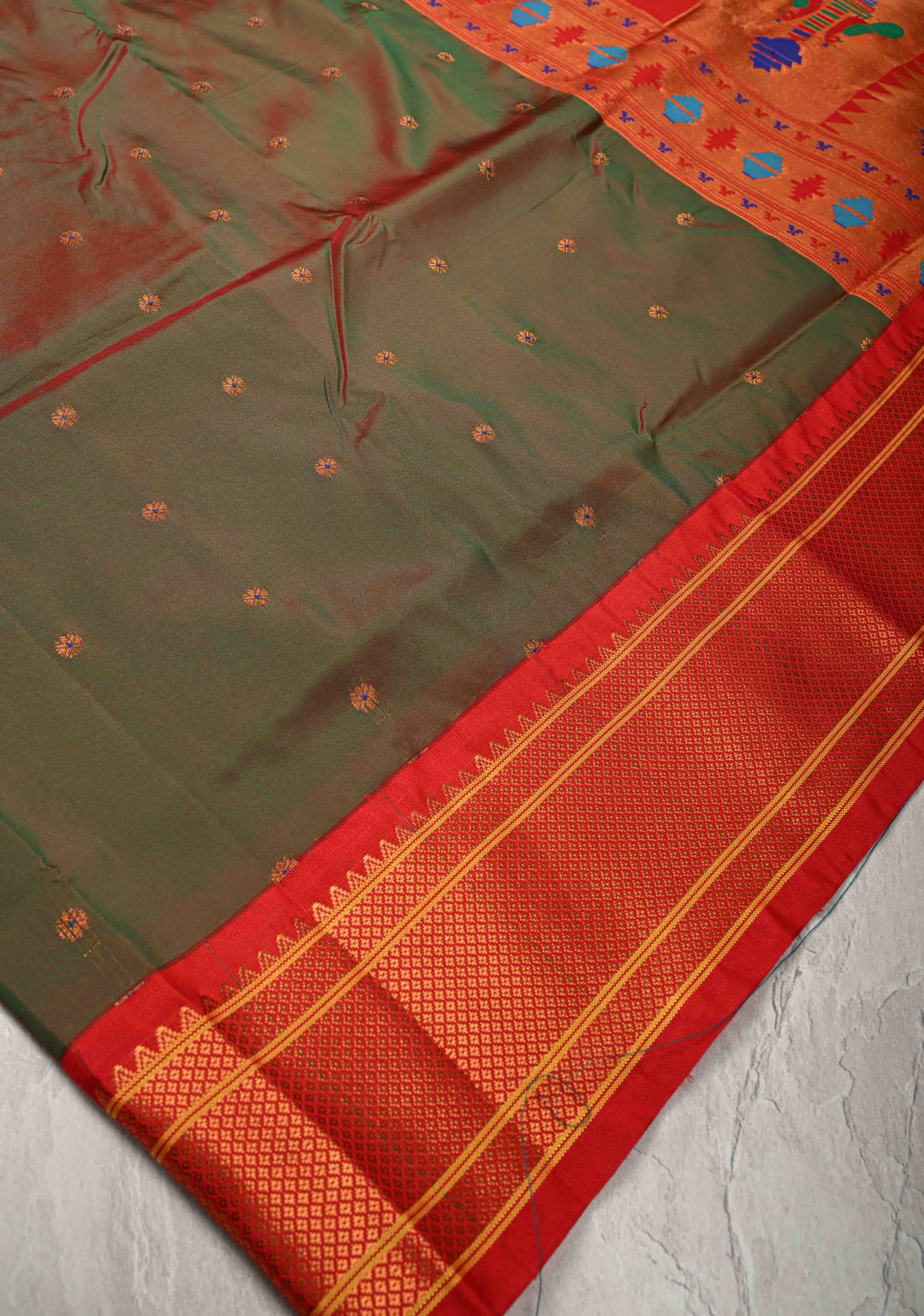 Henna Green-Red Dual Tone Semi Paithani Silk Saree with Meenakari Buttas, Pallu and Zari Border