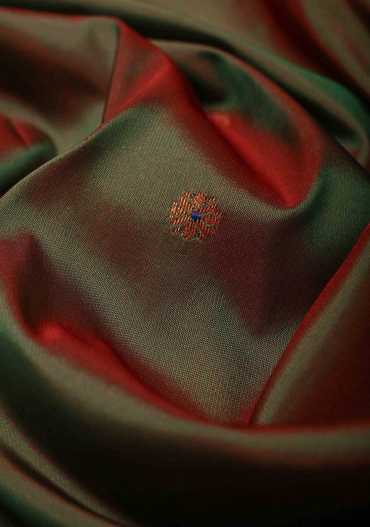 Henna Green-Red Dual Tone Semi Paithani Silk Saree with Meenakari Buttas, Pallu and Zari Border