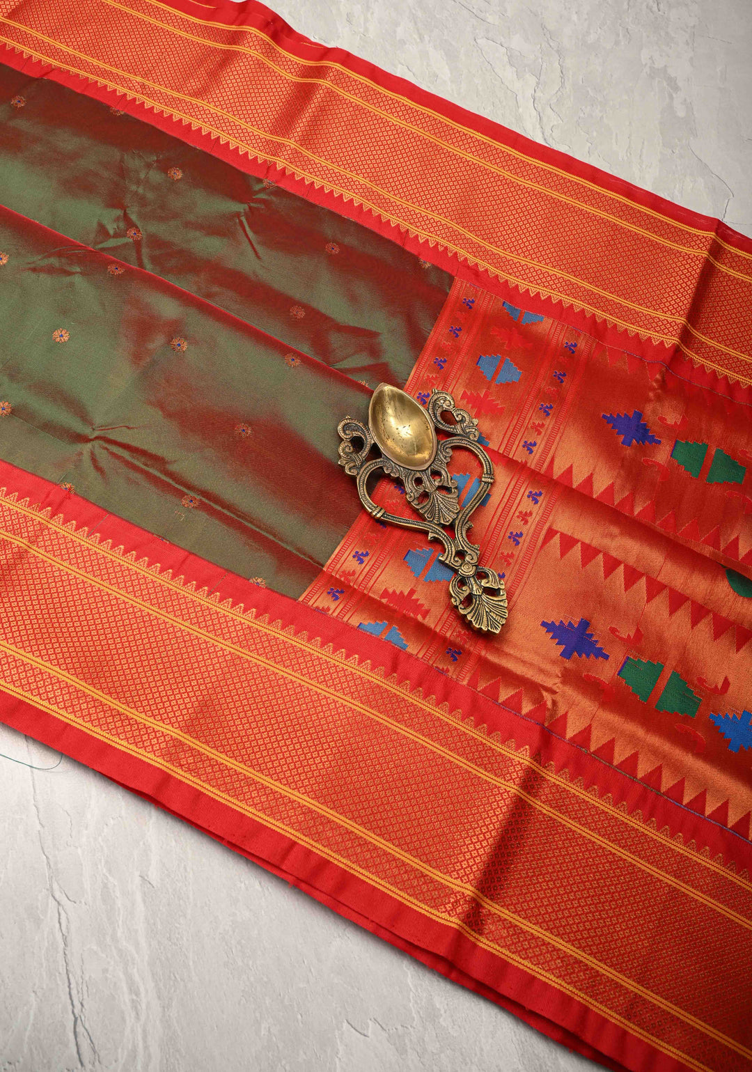 Henna Green-Red Dual Tone Semi Paithani Silk Saree with Meenakari Buttas, Pallu and Zari Border