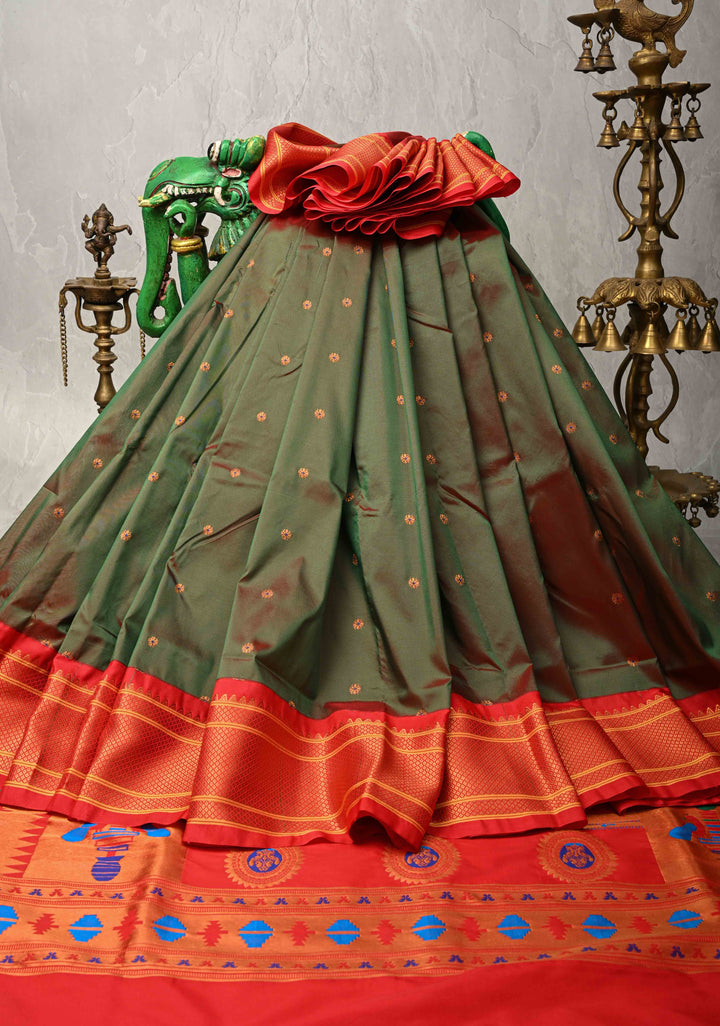 Henna Green-Red Dual Tone Semi Paithani Silk Saree with Meenakari Buttas, Pallu and Zari Border