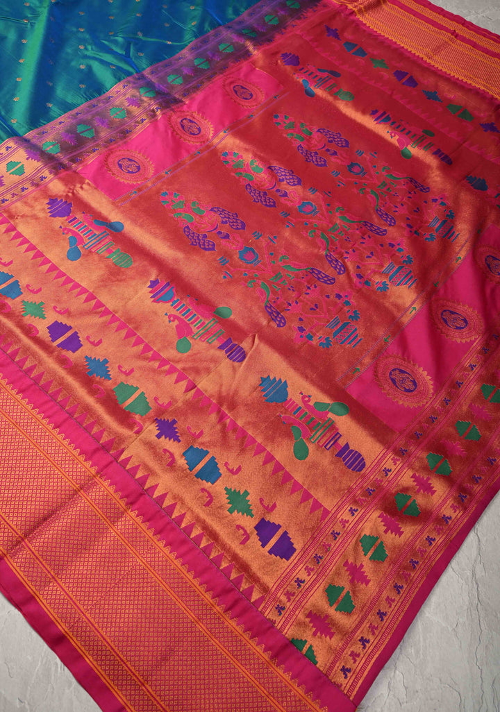 Semi Paithani Peacock Blue Dual Tone Semi Silk Saree with Zari Buttas and Contrst Zari Border-Meenakari Pallu