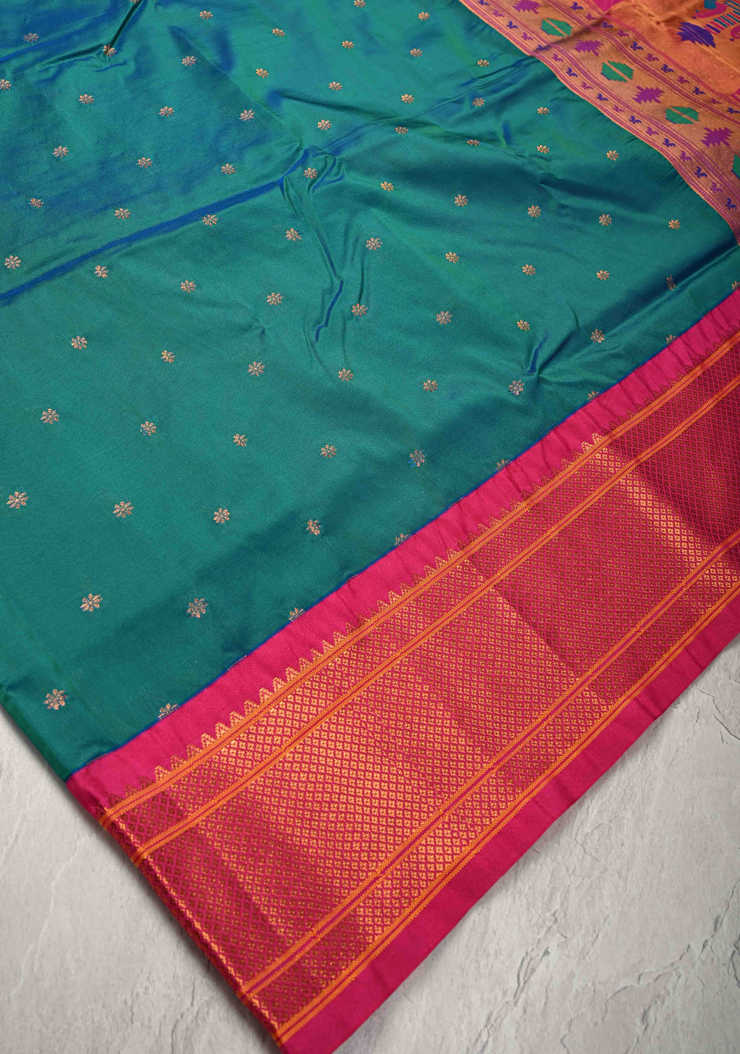 Semi Paithani Peacock Blue Dual Tone Semi Silk Saree with Zari Buttas and Contrst Zari Border-Meenakari Pallu