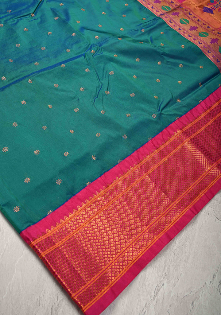 Semi Paithani Peacock Blue Dual Tone Semi Silk Saree with Zari Buttas and Contrst Zari Border-Meenakari Pallu
