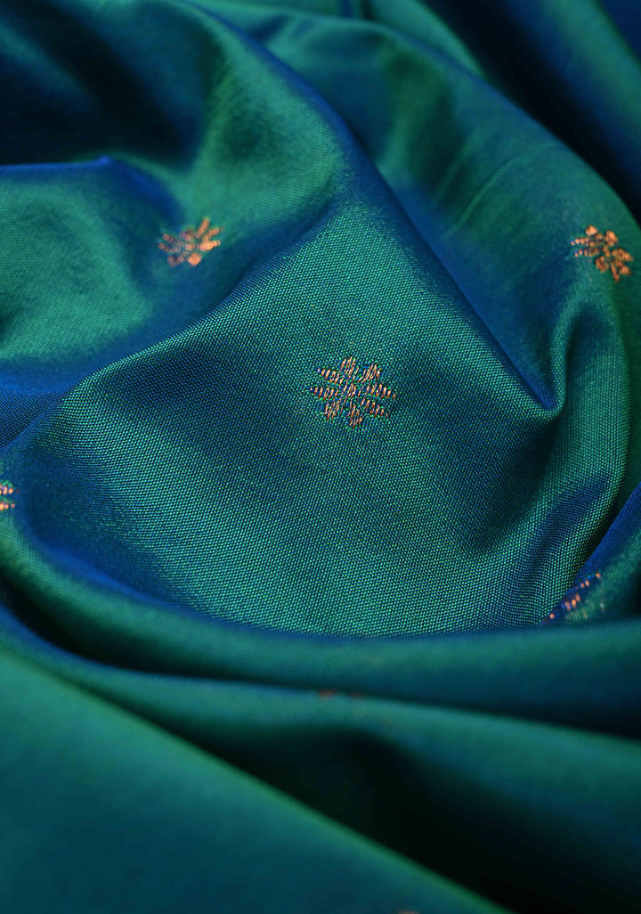 Semi Paithani Peacock Blue Dual Tone Semi Silk Saree with Zari Buttas and Contrst Zari Border-Meenakari Pallu