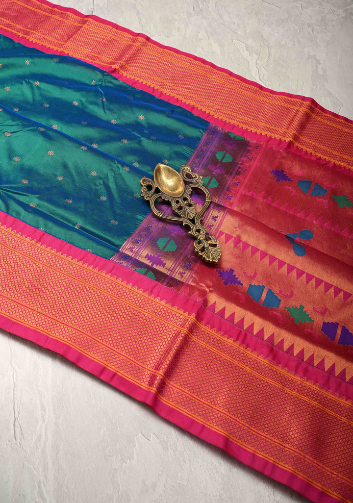 Semi Paithani Peacock Blue Dual Tone Semi Silk Saree with Zari Buttas and Contrst Zari Border-Meenakari Pallu