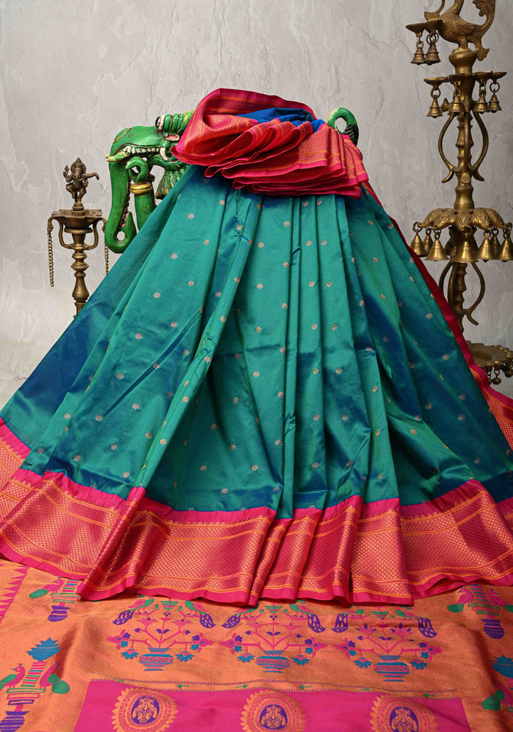 Semi Paithani Peacock Blue Dual Tone Semi Silk Saree with Zari Buttas and Contrst Zari Border-Meenakari Pallu