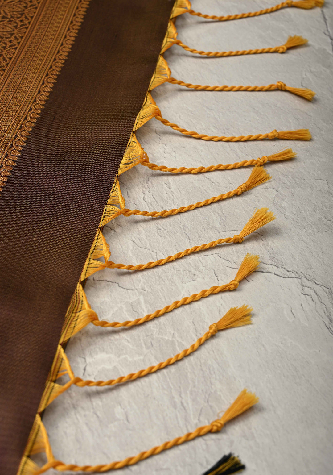 Golden- Brown Dual Tone Kanchi Semi Silk Saree with Floral Meenakari Buttas and Contrst Zari Border