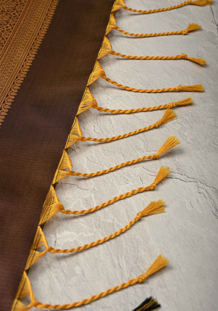 Golden- Brown Dual Tone Kanchi Semi Silk Saree with Floral Meenakari Buttas and Contrst Zari Border