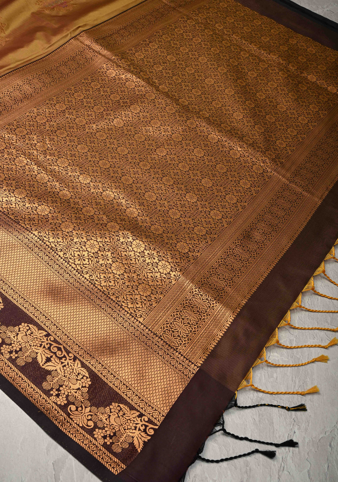 Golden- Brown Dual Tone Kanchi Semi Silk Saree with Floral Meenakari Buttas and Contrst Zari Border
