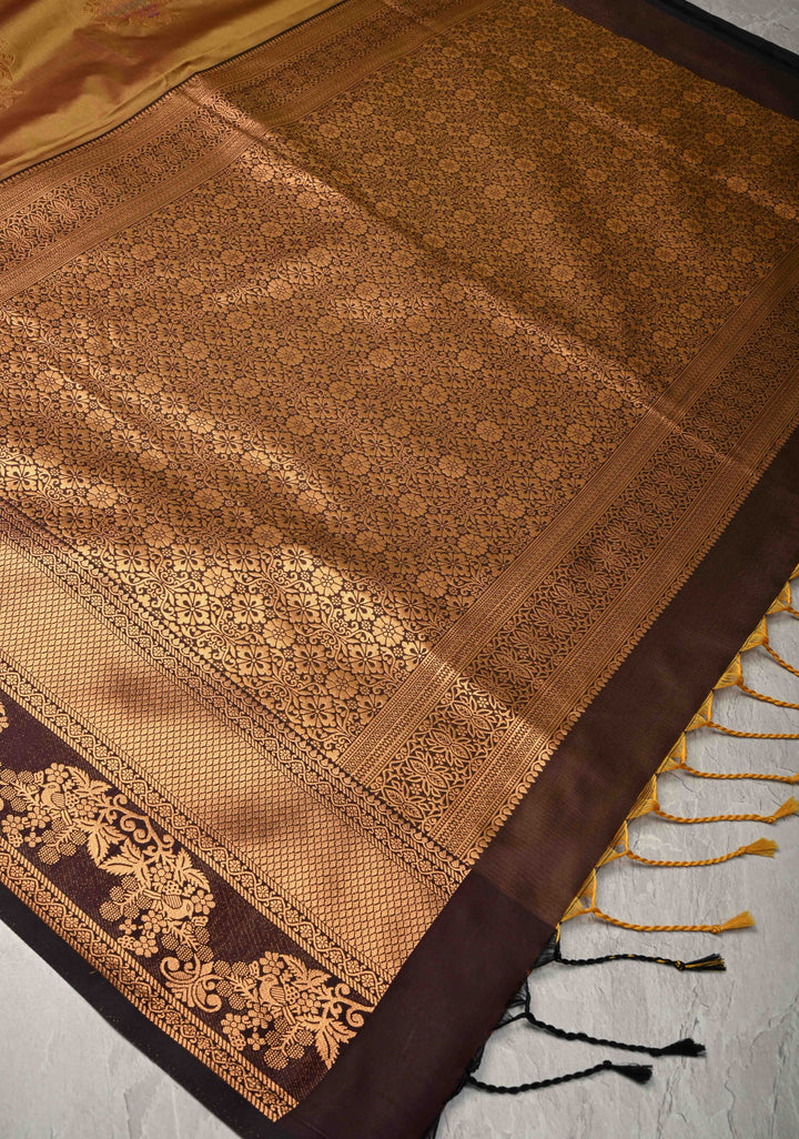 Golden- Brown Dual Tone Kanchi Semi Silk Saree with Floral Meenakari Buttas and Contrst Zari Border