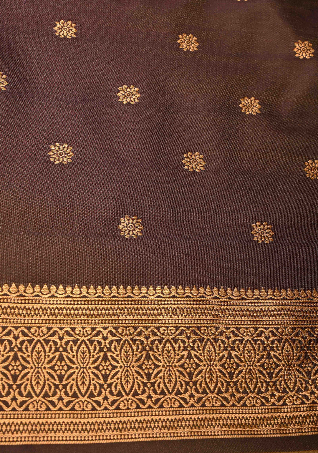 Golden- Brown Dual Tone Kanchi Semi Silk Saree with Floral Meenakari Buttas and Contrst Zari Border