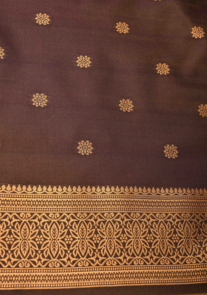 Golden- Brown Dual Tone Kanchi Semi Silk Saree with Floral Meenakari Buttas and Contrst Zari Border