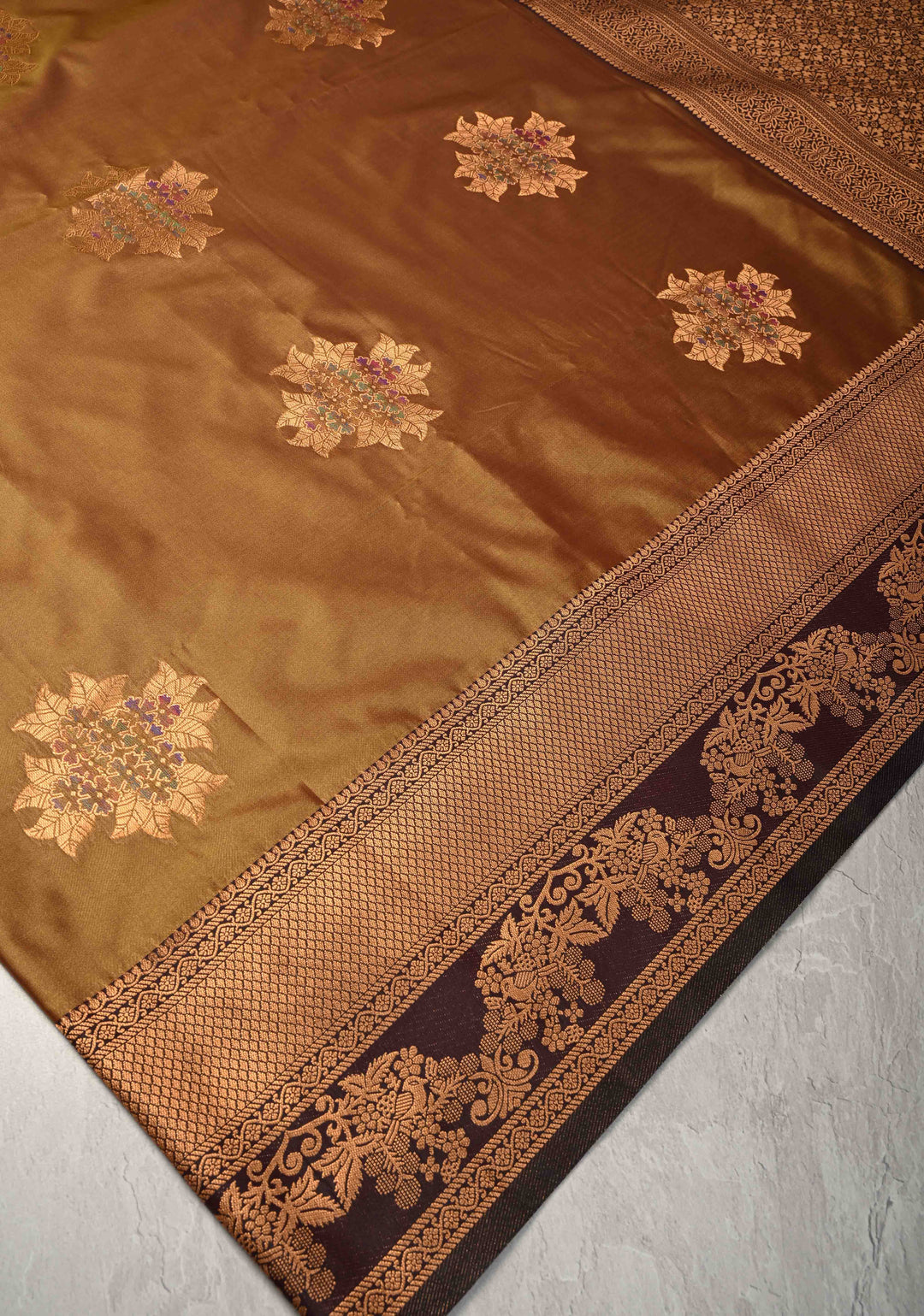 Golden- Brown Dual Tone Kanchi Semi Silk Saree with Floral Meenakari Buttas and Contrst Zari Border