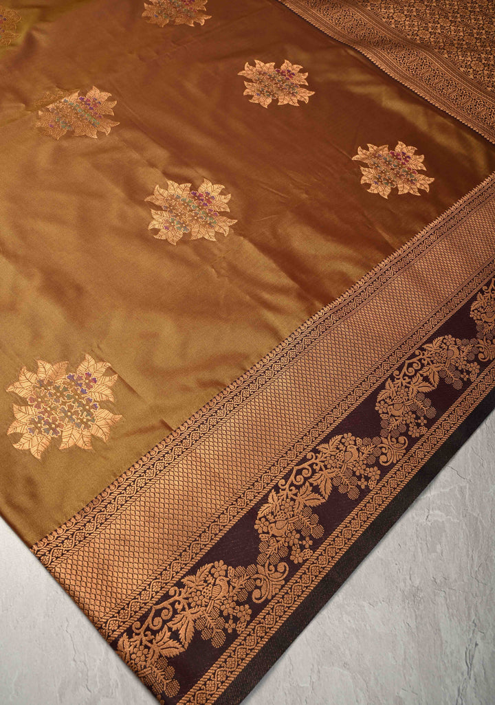 Golden- Brown Dual Tone Kanchi Semi Silk Saree with Floral Meenakari Buttas and Contrst Zari Border