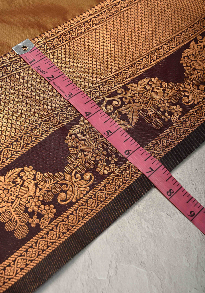 Golden- Brown Dual Tone Kanchi Semi Silk Saree with Floral Meenakari Buttas and Contrst Zari Border
